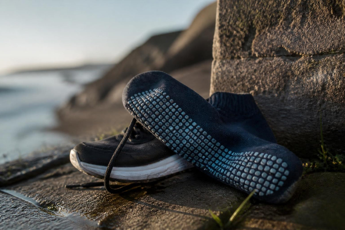A pair of athletic grip socks with rubberized patterns on the soles resting on a gym floor