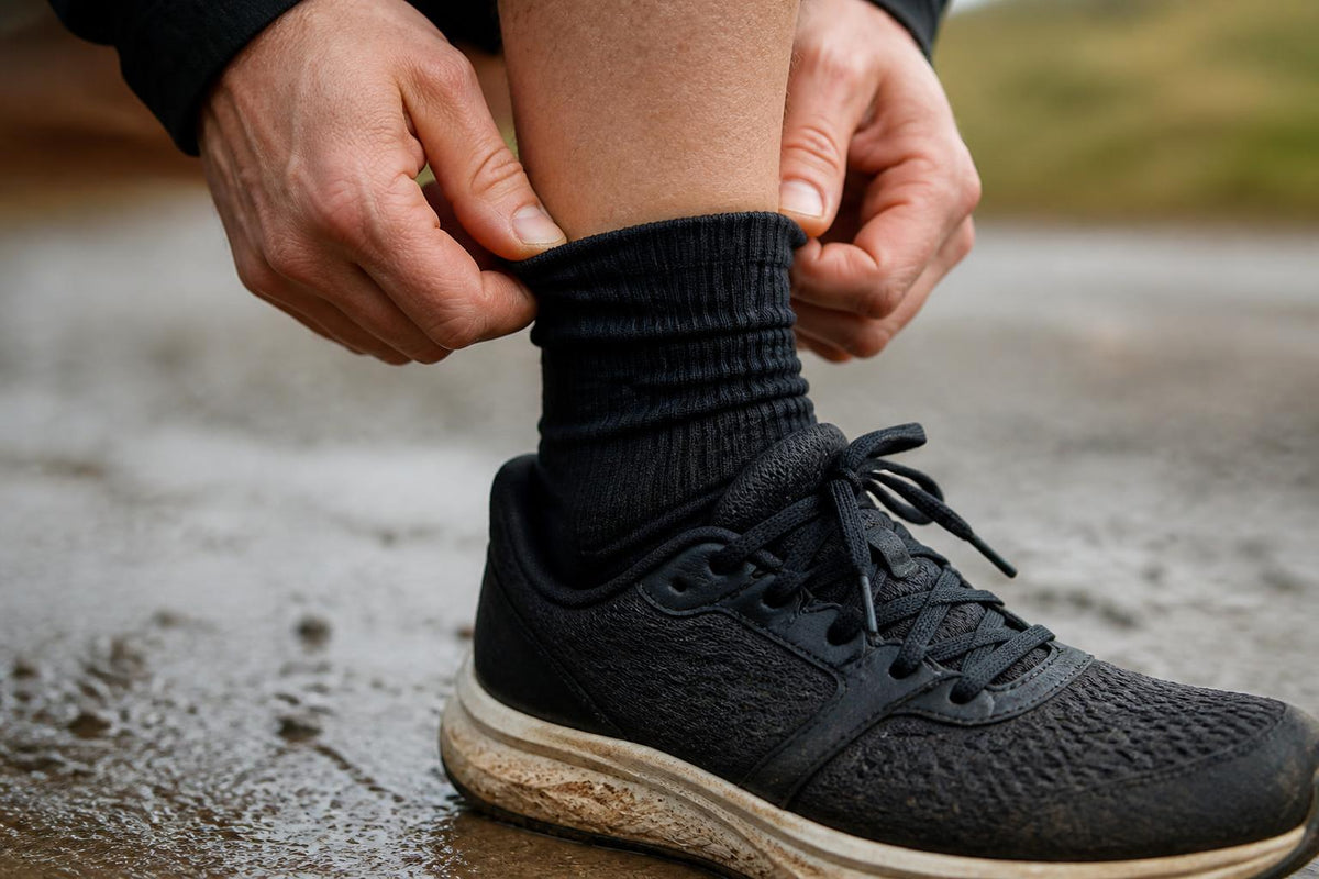 Close-up of a runner wearing high-performance compression socks inside sleek athletic shoes on a paved track