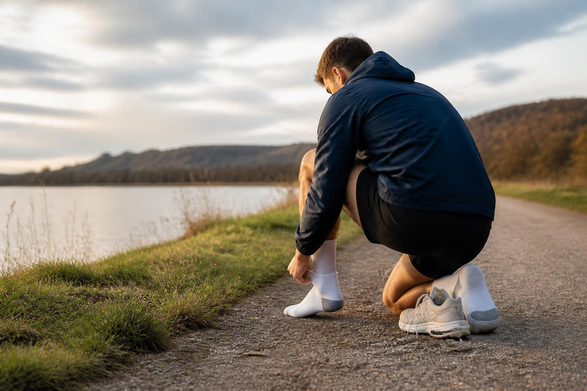 A pair of athletic running socks laid flat on a neutral background next to a modern running shoe