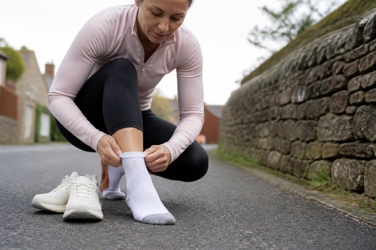 A pair of white athletic socks with thick terry cushioning on the heel and toe resting on a wooden surface