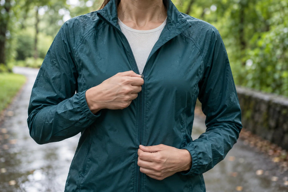 Runner adjusting a lightweight jacket over an athletic top