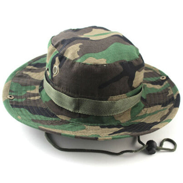 Mens Safari Jungle Bucket Boonie Bush Hat with Wide Brim & Chin Strap