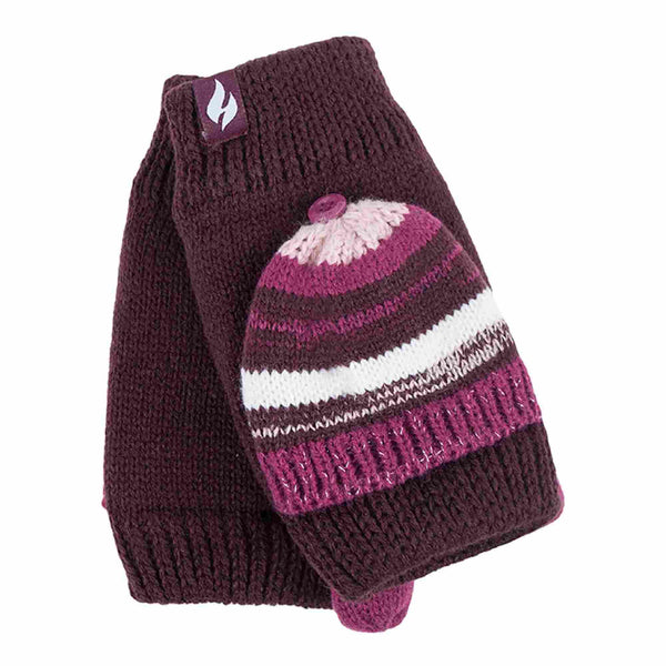 Ladies Striped Fleece Lined Thermal Knitted Converter Mitten Gloves