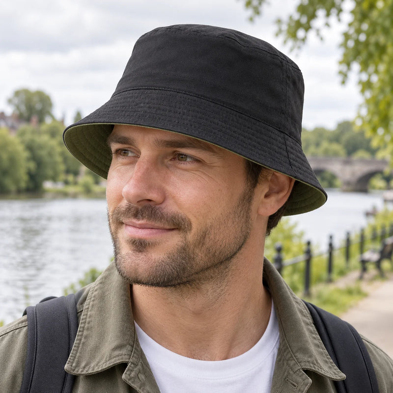 Adults Cotton Reversible Bucket Hat Summer Fishing Safari Sun Hat — product photograph