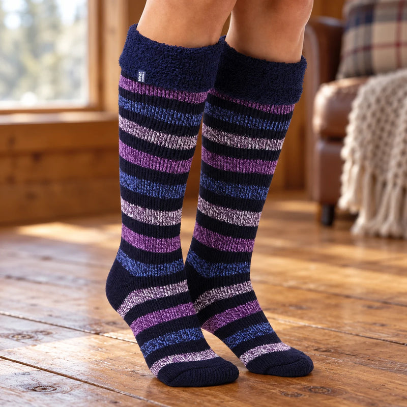 Ladies Multicoloured Striped Patterned Long Wellington Boot Thermal Socks — product photograph