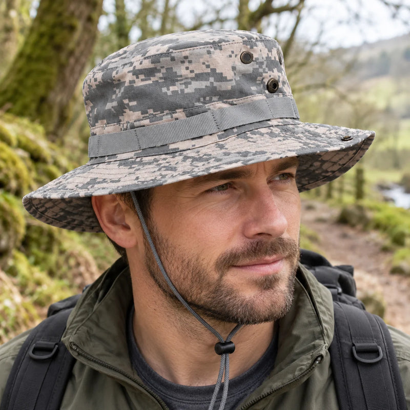 Mens Safari Jungle Bucket Boonie Bush Hat with Wide Brim & Chin Strap — product photograph