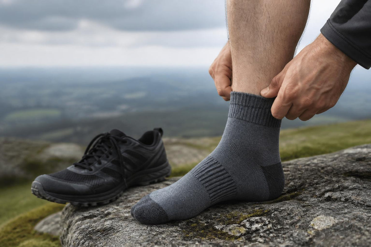 A pair of athletic socks folded neatly next to a running shoe on a clean, neutral surface
