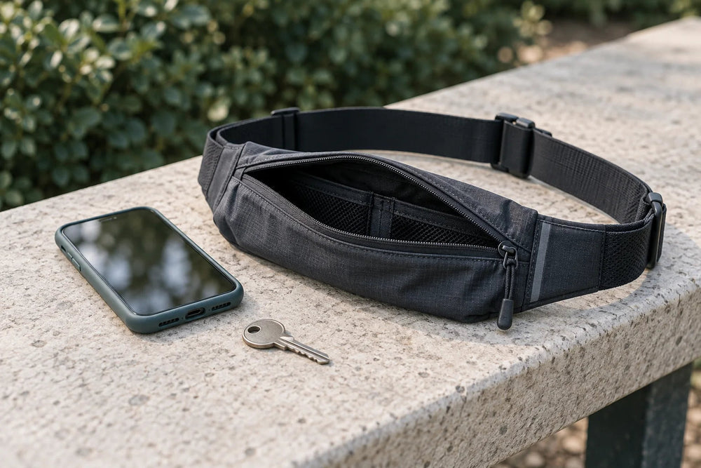 Running waist belt, cased phone and a key arranged on a stone bench