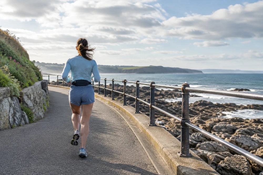 Illustrative runner on a coastal promenade, not a photograph of a specific race