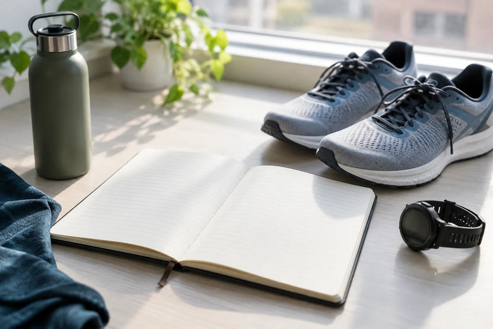 Running notebook, sports watch, trainers and water bottle on a desk