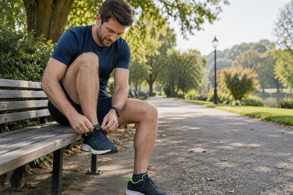 Illustrative scene of a recreational runner tying their shoes beside a park path