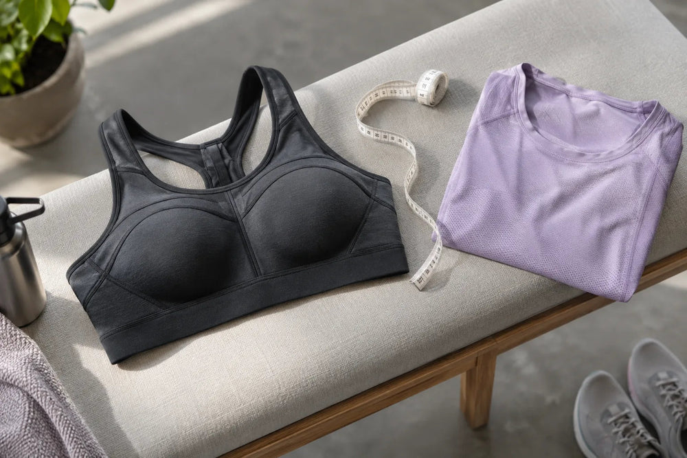 Unbranded sports bra, running top and measuring tape arranged for a fit guide