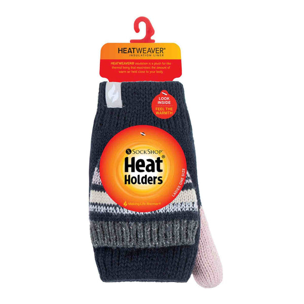 Ladies Striped Fleece Lined Thermal Knitted Converter Mitten Gloves