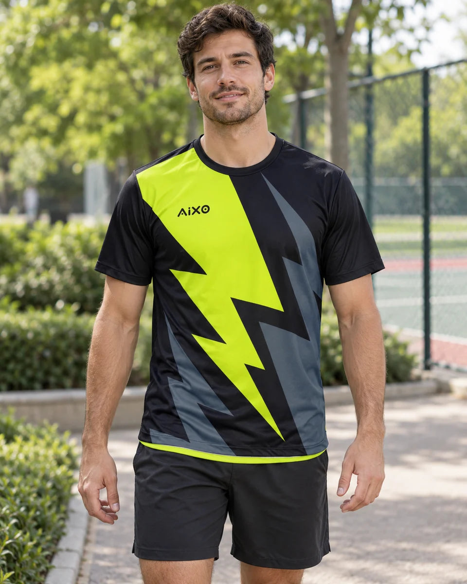 AIXO Bolt Men's Sports T-Shirt — Black/Green — product photograph