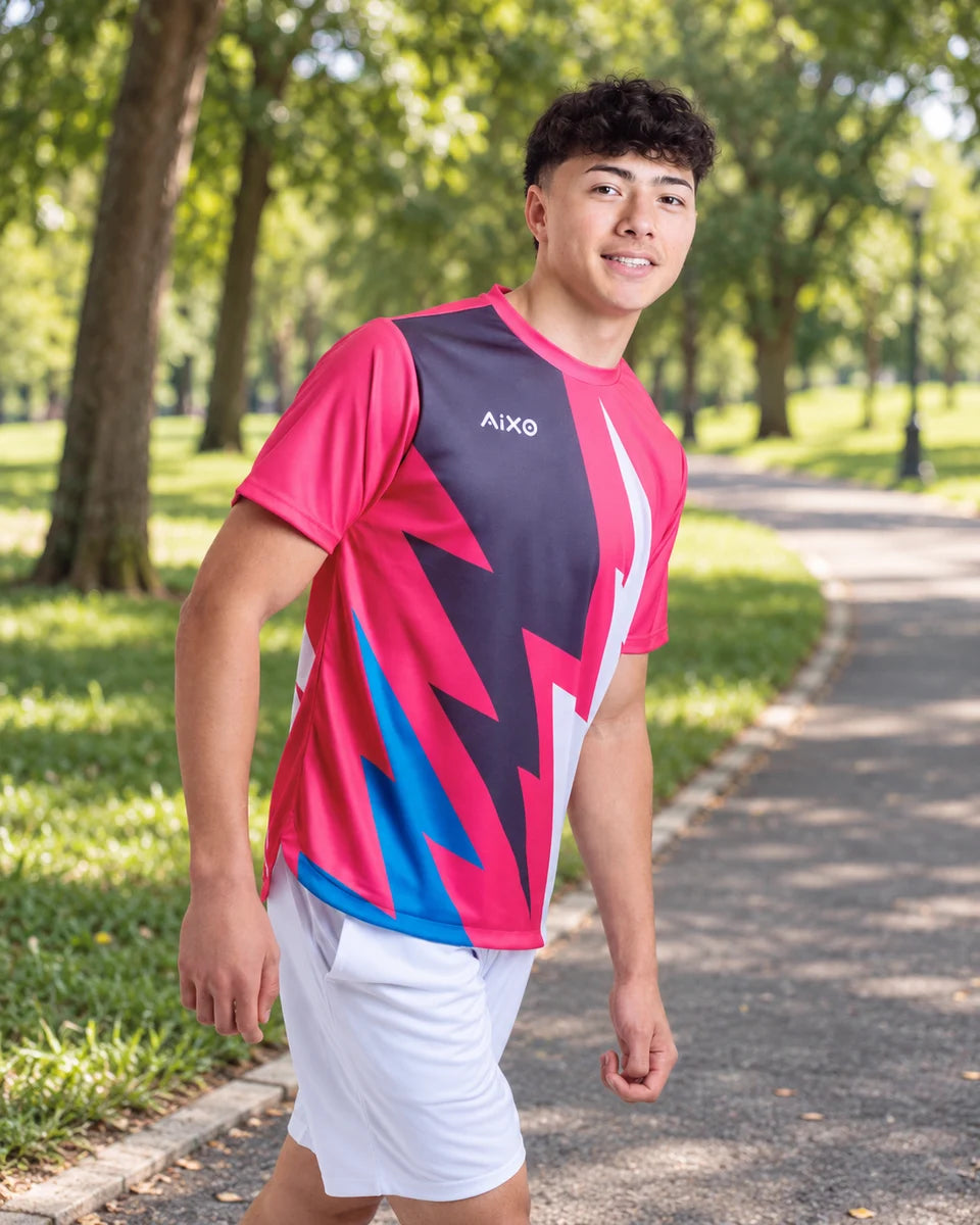 AIXO Bolt Men's Sports T-Shirt — Pink — product photograph