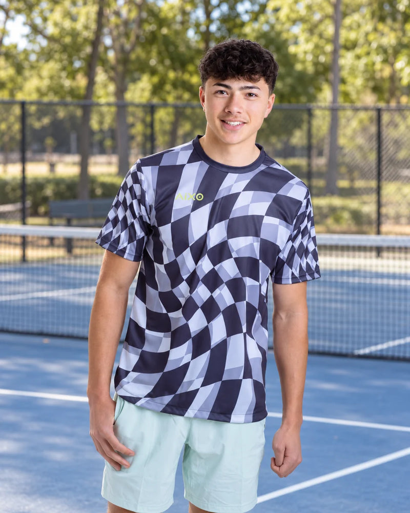 AIXO Checker Men's Sports T-Shirt — Grey Check — product photograph