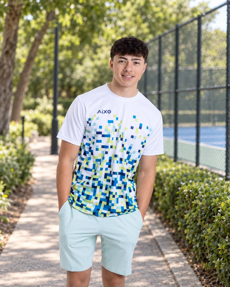 AIXO Pixel Men's Sports T-Shirt — White — product photograph