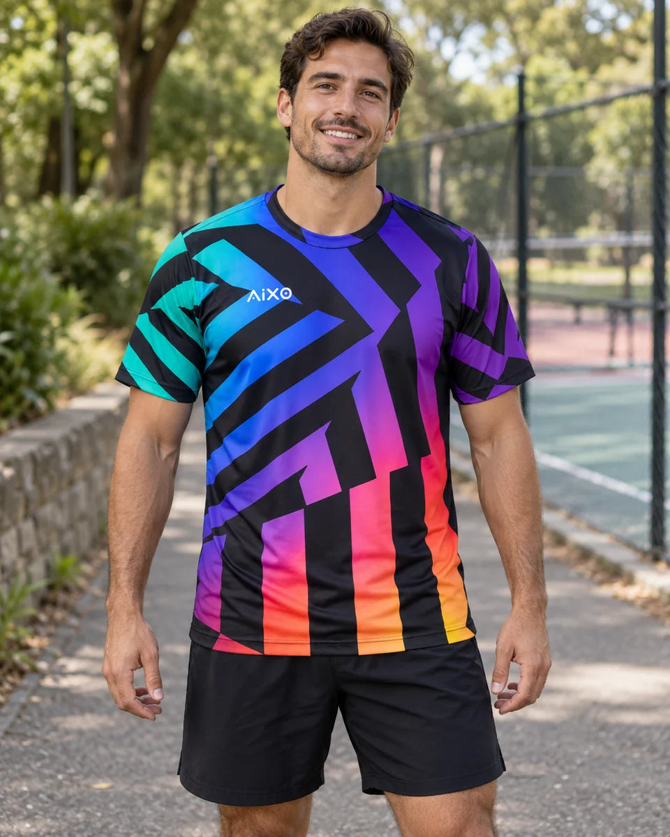 AIXO Rainbow Chaos Men's Sports T-Shirt — Black — product photograph