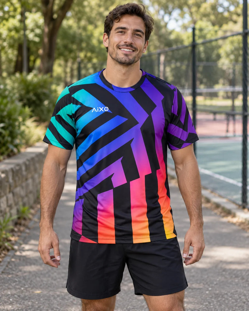 AIXO Rainbow Chaos Men's Sports T-Shirt — Black — product photograph