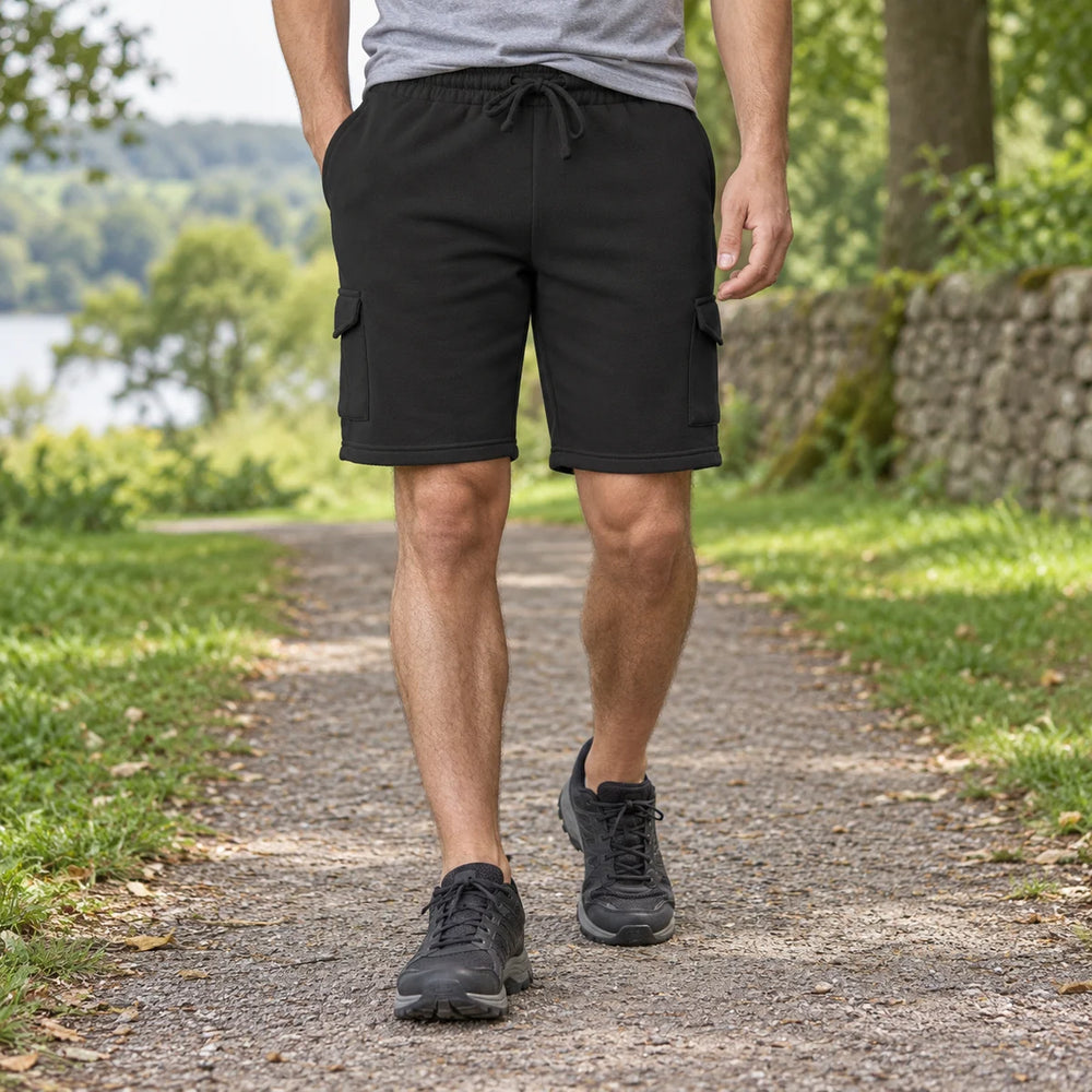 Mens Elastic Waist Casual Sports Cargo Fleece Shorts — product photograph